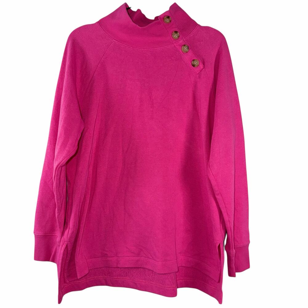 J. Crew Wide Button-Collar Tunic Sweatshirt Hot Pink Cloudspun Fleece Size L - Picture 2 of 7